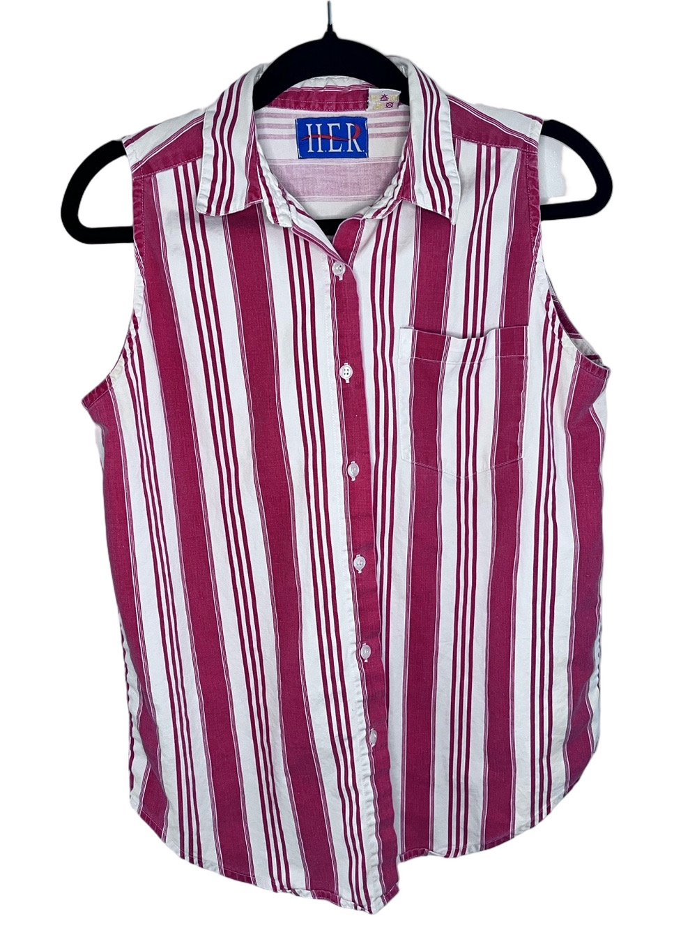 Vintage HER Sleeveless Button-Up Shirt Red & White Vertical Stripes 100% Cotton